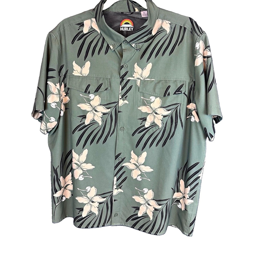 Hurley Green Floral Hawaiian Button Up Short Sleeve Woven Stretch Shirt XL Beach